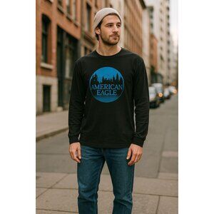 American Eagle Black Long-Sleeve Graphic Tee L  Blue Landscape Logo